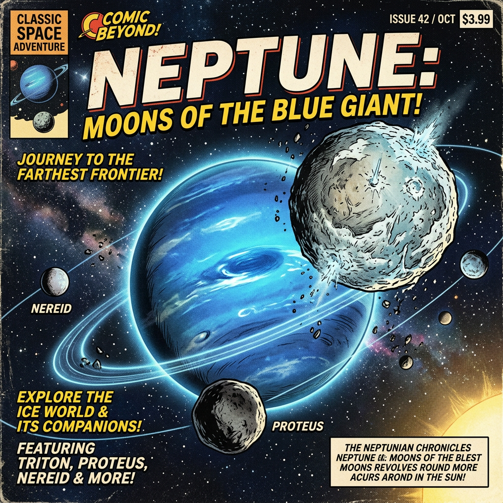 Neptune with its moons Nereid and Proteus orbiting against a starry background