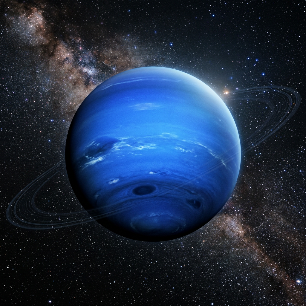 Blue ringed planet with swirling clouds against a star-filled galaxy